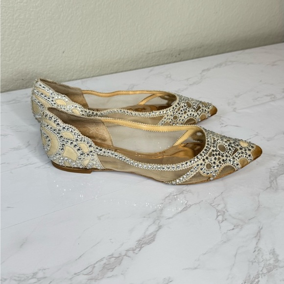 Badgley Mischka Beige Rhinestone Pointed Toe‎ Mesh Ballet Flats Size 6.5 - Picture 2 of 9